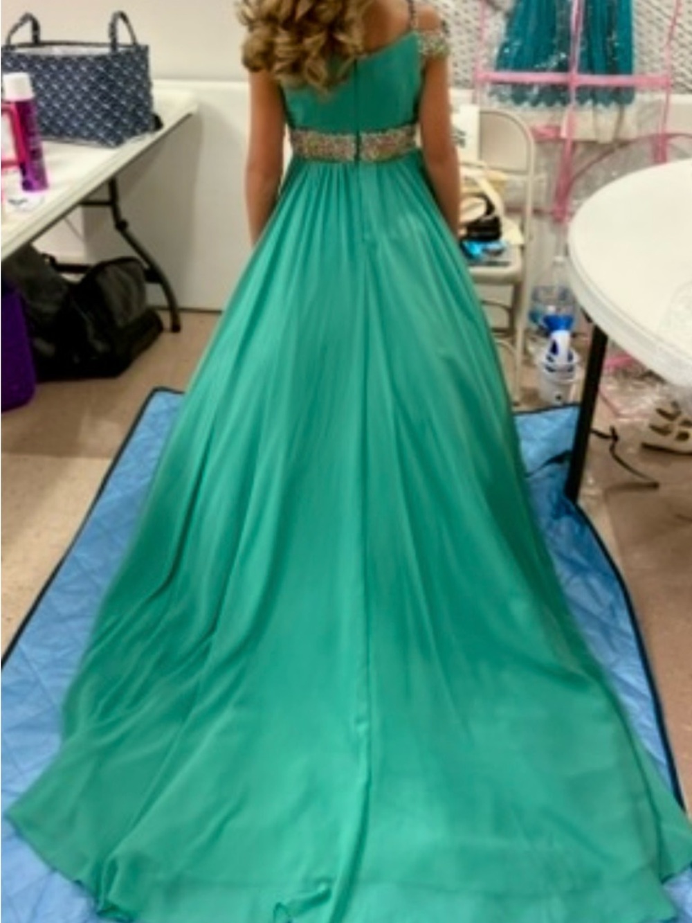 Teal Beaded Waist Prom Gown